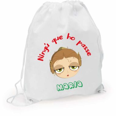 Macuto blanco poliéster "Ningú que ho passe". Personalizable