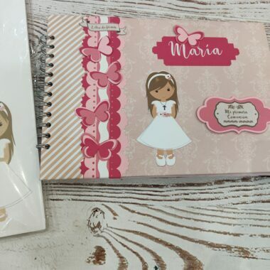 Libro de comunión rosa, fotos y firmas