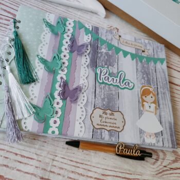 Libro firmas comunión lila y verde