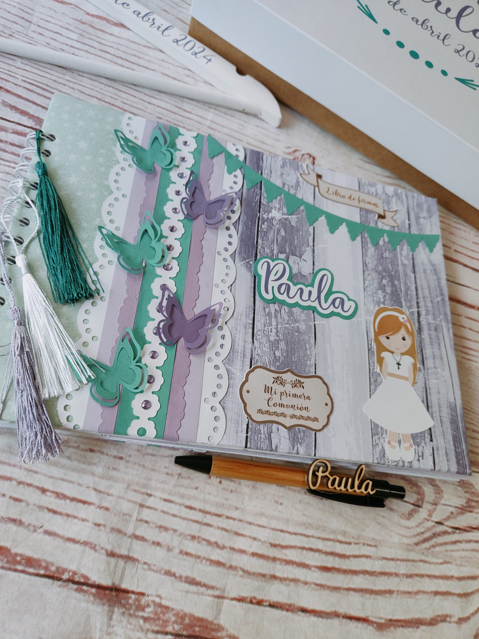 Libro firmas comunión lila y verde