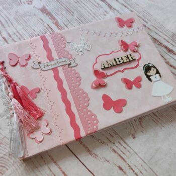 Libro de firmas personalizado para comunión de niña con nombre y diseño en tonos rosas