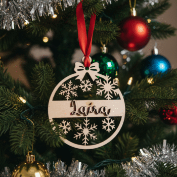 Bola de madera personalizada copos nieve y lazo