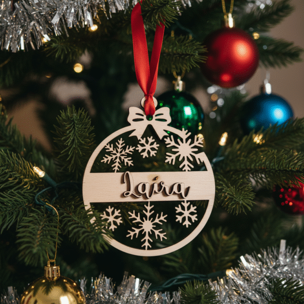 Bola de madera personalizada copos nieve y lazo